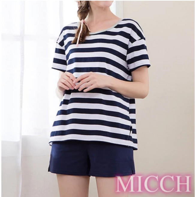 MICCH 藏青條紋棉質休閒短袖褲套組