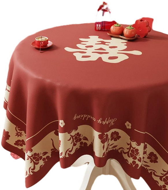 紅色圓形結婚桌布 婚禮餐桌裝飾檯布, 幸福永浴 絨布, 1個, 110x110CM 防濺水