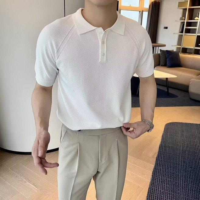 AURALA 여름 남자 데일리 베이직 카라티 반팔 니트 캐주얼 니트 반팔 티셔츠