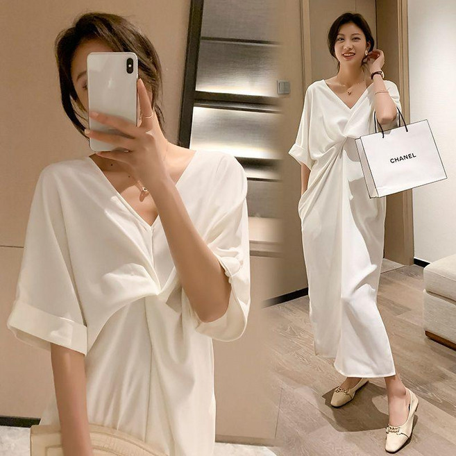 胖MM特大碼300斤扭結T恤裙夏季寬鬆藏肉顯瘦露背V領連衣裙超長裙, 白色,4XL 120.0-150.0公斤, 白色