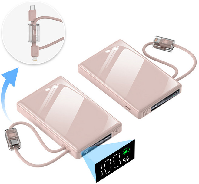 THOUSTA 대용량 보조배터리 20000mAh 고속충전22.5W 미니 일체형 휴대용 보조밧데리 기내반입, 핑크, YM1224