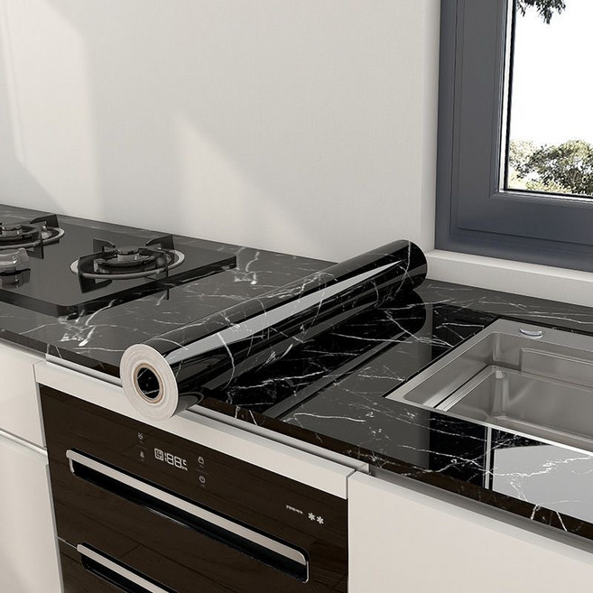 YOPENCE 접착식 주방 시트지 방수 기름 방지 내고온 대리석 무늬60*800CM, 고급 블랙