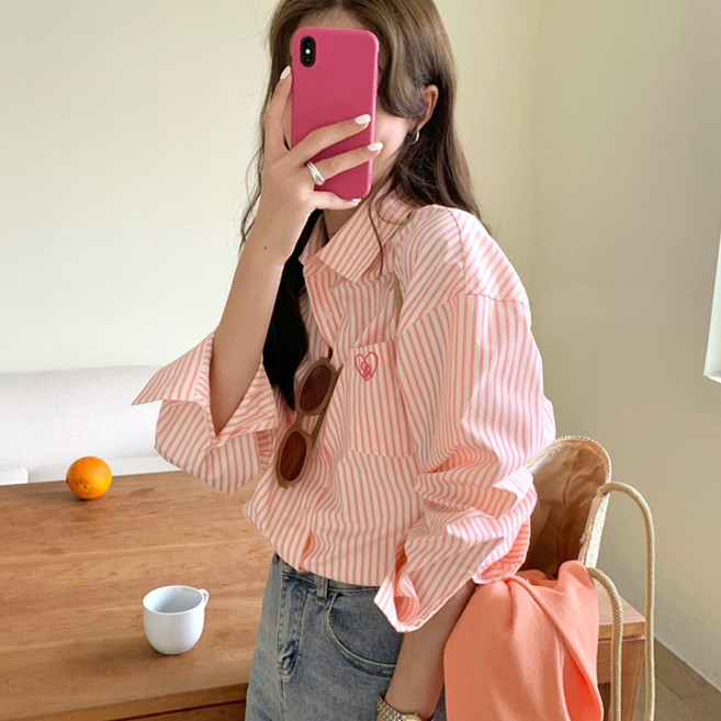 메이킹유 스트라이프 자수 사계절 W1213에런셔츠