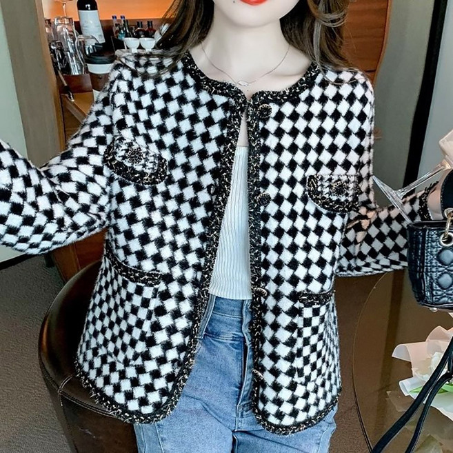 MOSAIRATION 여성용 클래식 트위드 하운드투스 짧은 자켓 봄 가을 슬림핏 긴소매 재킷 D0101321 AA