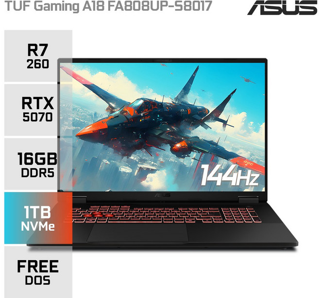 에이수스 TUF 게이밍 A18 FA808UP-S8017 AMD 라이젠7 260 지포스 RTX5070 고사양 게이밍 노트북, Free DOS, 16GB, 1TB, 블랙