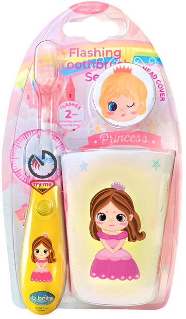 비브라이트 어린이용 LED 타이머 칫솔 + 양치컵 + 칫솔모 커버 옐로공주, 1세트