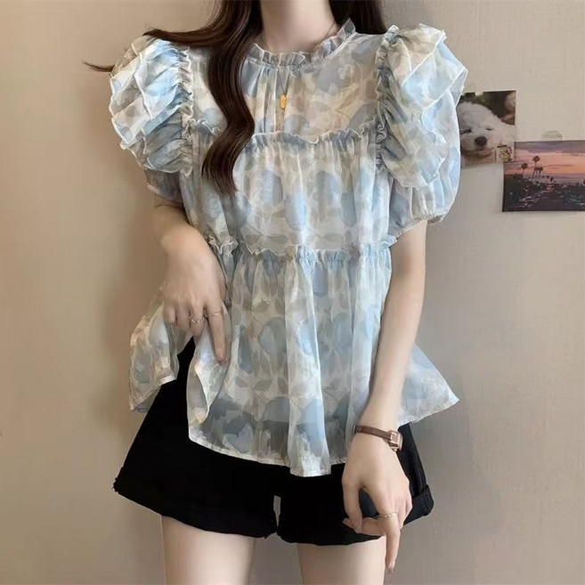 SELEAD 여름 달콤한 프릴 벌룬 꽃무늬 탑 여 반팔 티셔츠