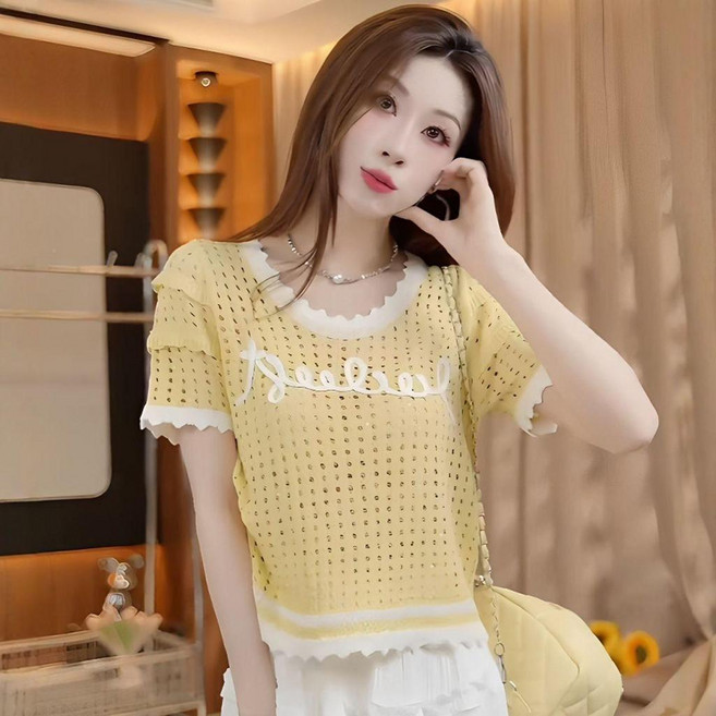 CP 臺灣發貨 涼感透氣 韓系藍色字母鏤空短袖針織衫女2026夏季新款寬鬆顯瘦