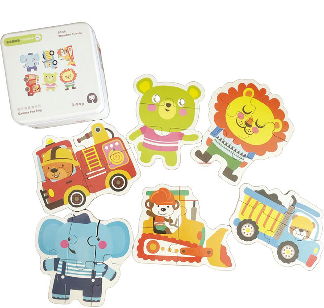 兒童益智旅行鐵盒裝玩具套組，寶寶早教認知拼圖積木陀螺，外出攜帶方便，幼稚園交換禮物推薦, 1個, 6片