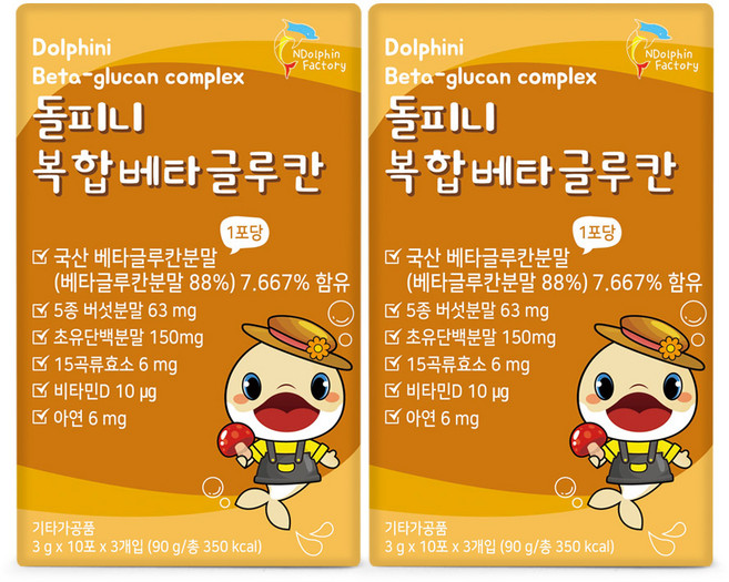 돌피니 복합베타글루칸 30포 1개월분 5종버섯분말 초유단백분말 15곡류효소 비타민D 아연 면역, 2박스, 90g