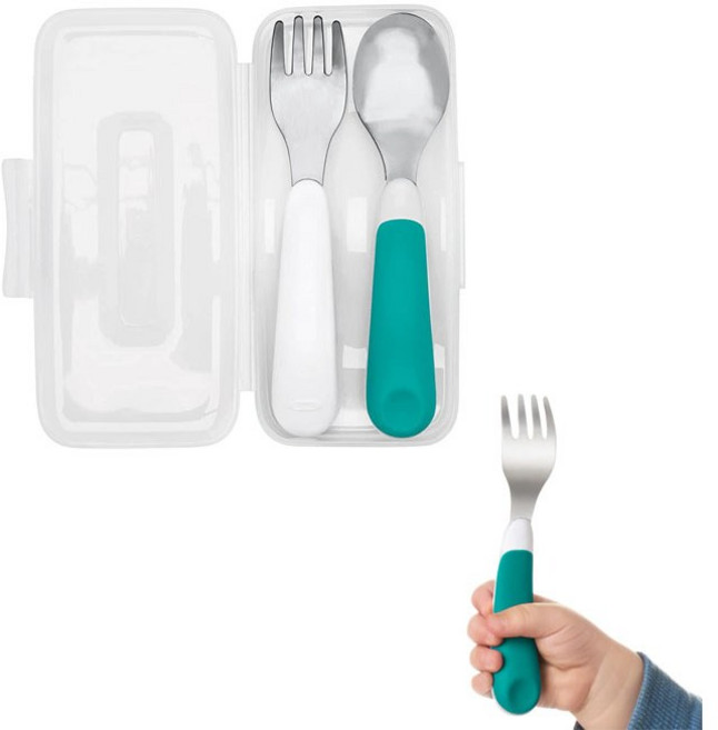 OXO 옥소 토트 온더고 아동용 스푼 포크 케이스 세트 틸 그린 어린이 BPA FREE 미끄럼방지 6개월 돌아기 선물, 1개