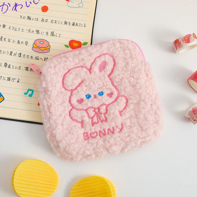 毛絨刺繡收納包 零錢包 拉鍊小方包 化妝包 隨身收納袋, 1#粉色小兔, 1個
