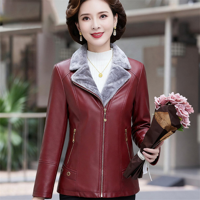 AOKADA 여성 겨울 인조 모피 칼라 가죽 다운 재킷