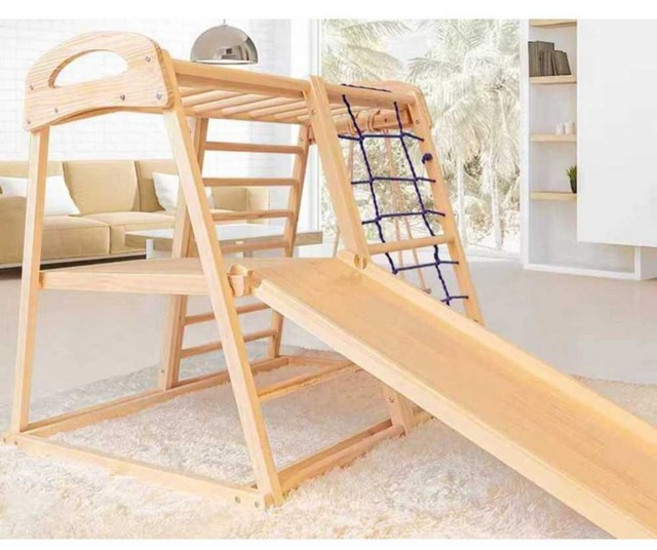 실내 클라이밍 원목 정글짐 유아 발달 암벽 놀이터, 등반 프레임+양면 슬라이드 보드+스윙보드, 1개