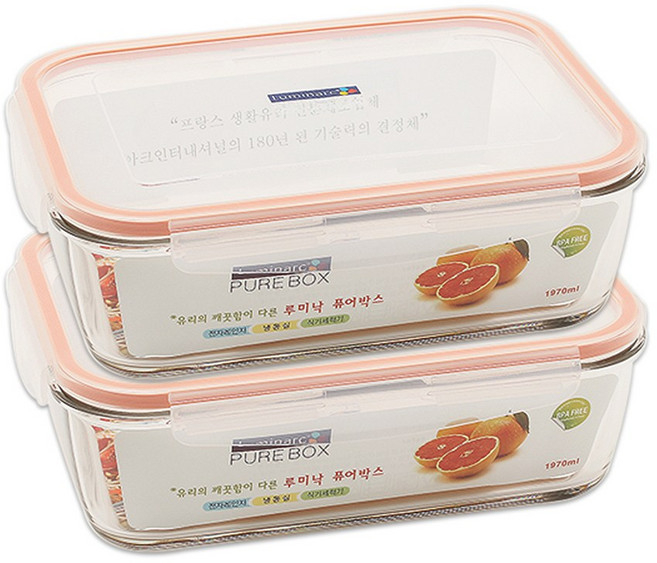 루미낙 직사각 정사각 원형 강화 유리 밀폐용기 퓨어박스, 퓨어박스 직사각 특대 1970ml x 2개 (오렌지), 1개