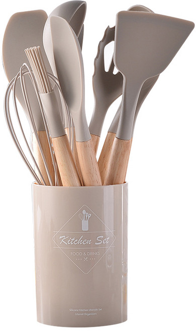 실리콘 주방 조리 도구 12종 세트 수납통 포함, 카키, 1세트