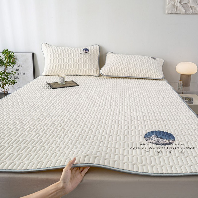 클라우드벨 아이스 실크 라텍스 냉감 패드 여름용 통기성 침대 매트리스 미끄럼 방지 냉방 침구+베갯잇, 아이보리