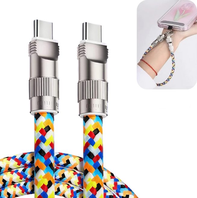 60W PD C to C 타입 초고속 충전 케이블 나일론 브레이딩 손목 밴드 가슴 걸이 핸드폰 줄거치대, 1개, 손목 밴드형-컬러, 30cm