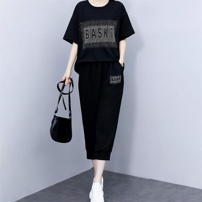 besteffie 여성용 여름 캐주얼 세트 반팔 티셔츠 와이드핏 레그 7부 바지 편안한 일상복 셋업 K63