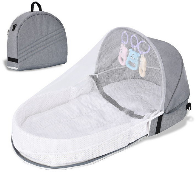 嬰兒床中床 可拆洗 防壓 可折疊 可攜式外出床 新生兒床墊 箱包式寶寶床, E款(床墊+蚊帳+枕箱),灰色, 灰色