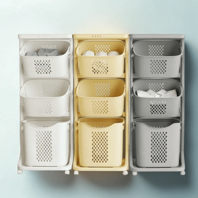 네이쳐리빙 모던 트롤리 스윙 3단 빨래바구니, 버터