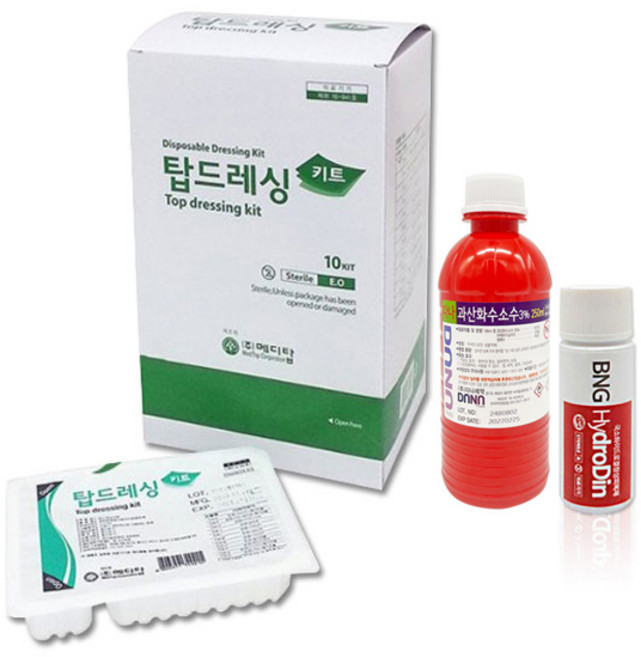 메디탑 일회용 드레싱키트 E형 10개입 핀셋 거즈 코튼볼 + 다나 과산화수소수 250ml 세트 + 밴드골드 하이드로딘 (빨간약) 하이드로겔 창상피복재 16ml 상처소독세트, 1개