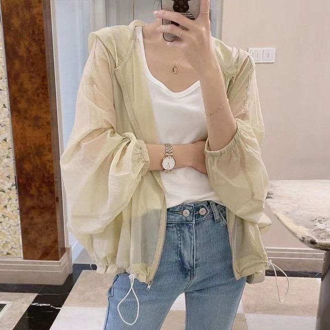 여성 시스루 후드 점퍼 썸머 루즈핏 바람막이 자켓 데일리 경량 아우터