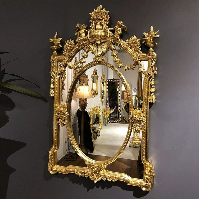 엔틱거울 골드 엔틱 벽거울 카페 미러 금장 럭셔리 욕실, D. 천사 조각(골드) 87x135x12cm