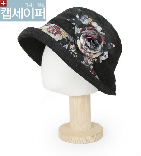 베이직엠 중년 여성 여름 모자 벙거지 둥근챙 주름 장미 코사지