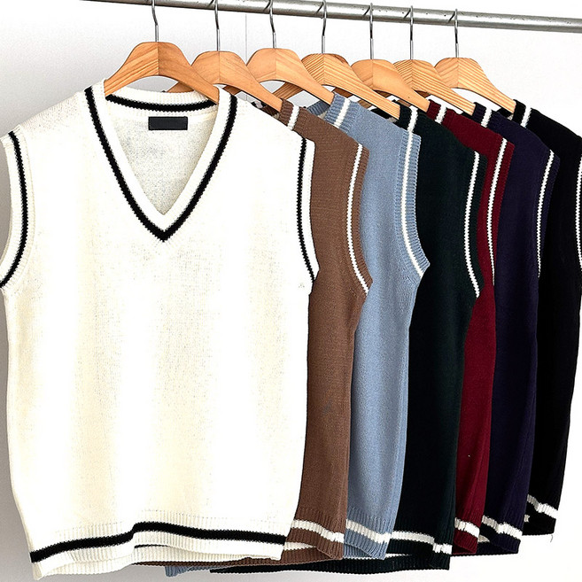 모던코드 남여공용 배색 브이넥 니트 조끼 베스트