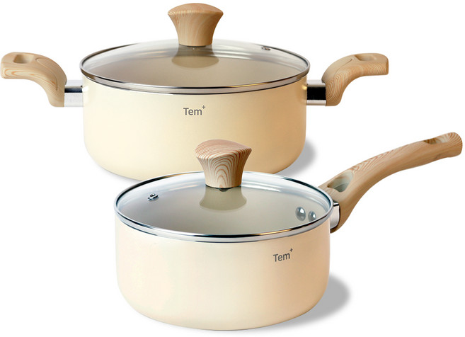 템쿡 IH 인덕션 세라믹 코팅 냄비 2종 세트, 1개, 18cm 편수냄비, 20cm 양수냄비, 크림