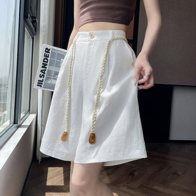 天絲亞麻西裝短褲，寬鬆透氣闊腿五分褲