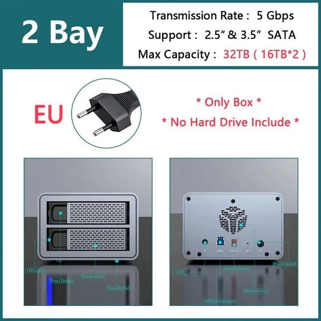 NAS 스토리지용 Yottamaster 2.5 3.5인치 SATA HDD SSD 인클로저 2/4/5 베이 슬롯 포트 RAID 외부 케이스, 12 2 Bay with EU plug, 12 2 Bay with EU plug