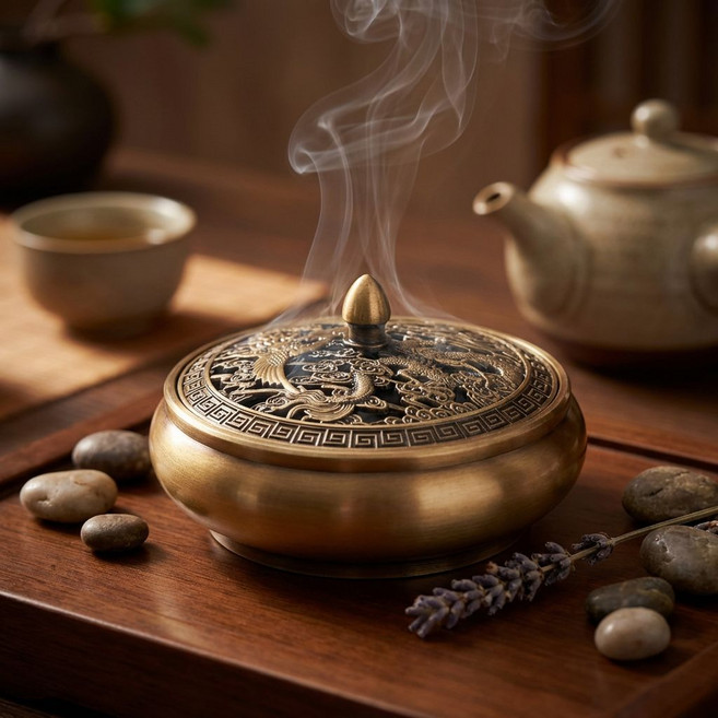 재물운 연꽃 용봉문양 황동 향로 인센스 버너, 1개