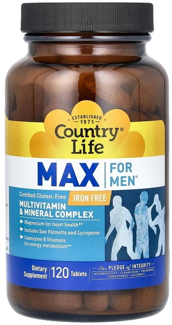 컨트리 라이프 남성용 맥스 종합비타민 및 미네랄 복합체 철분 무함유 120정, 120 개, 1개 - 쿠팡