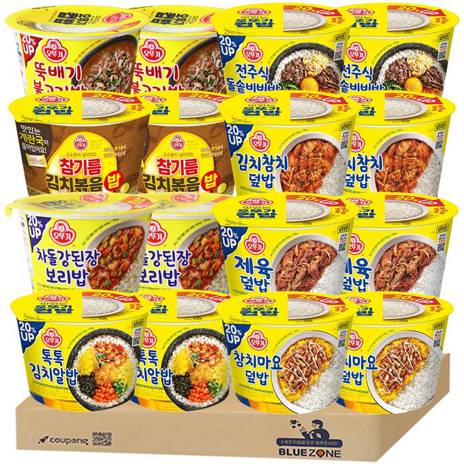 [블루존] 오뚜기 즉석 컵밥 8종 세트 (톡톡김치알밥+참기름김치볶음밥+참치마요덮밥+제육덮밥+김치참치덮밥+차돌강된장보리밥+뚝배기불고기+돌솥비빔밥)x2