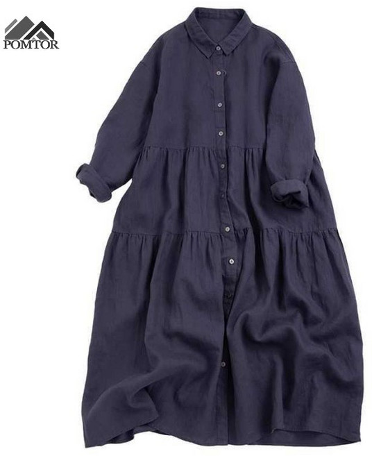 POMTOR 여성용 내추럴 스타일 린넨 원피스 아홉부 소매 루즈핏 편안한 디자인