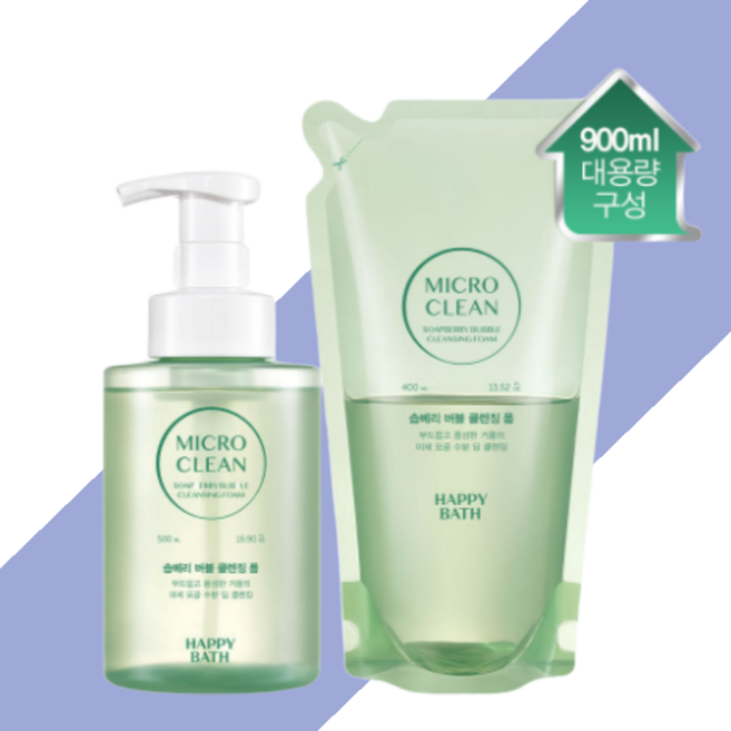 해피바스 대용량 솝베리 마이크로 클린 버블 클렌징폼 500ml 리필 400ml 증정 세트, 1개