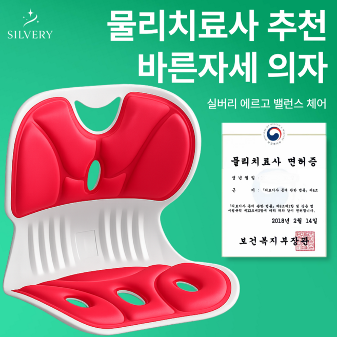 실버리 인체공학 바른자세 등받이 좌식의자, 레드