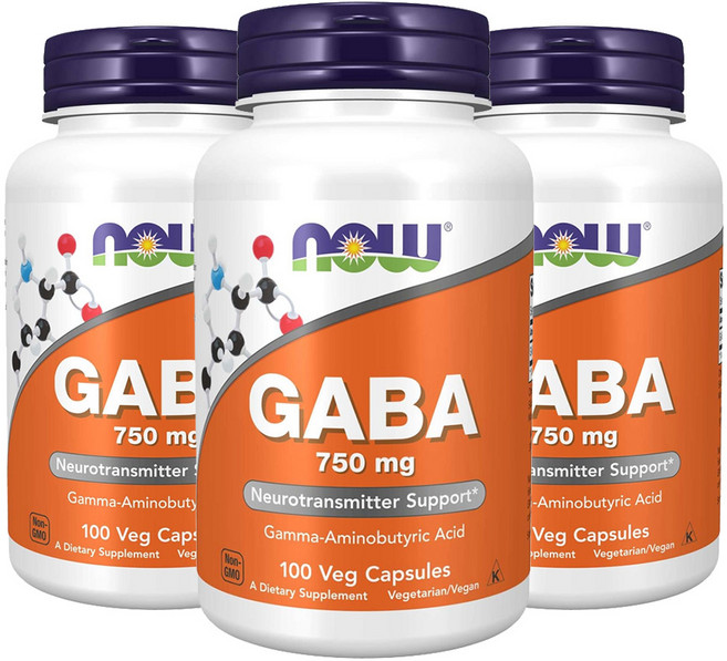 Now Foods 3개 가바 GABA 750 mg 아미노산 100 베지캡슐, 100정