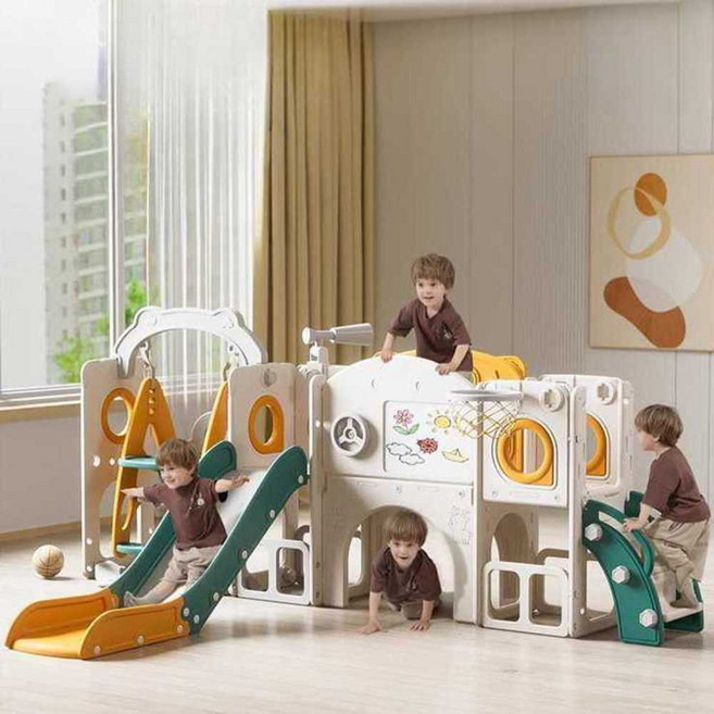 실내용 어린이 미끄럼틀 유아 그네 농구 골대 놀이터 볼풀 세트, 1개, 15. 옐로우 그린 콤비3+볼풀