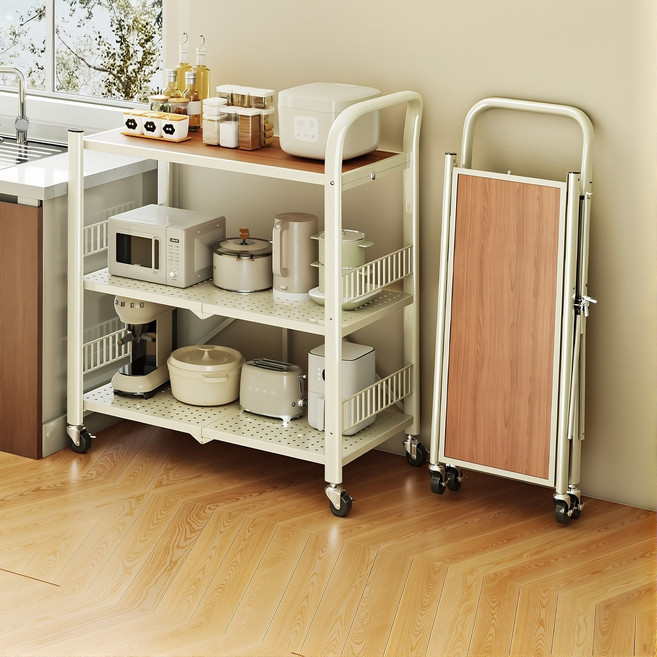 Moodo 3단 접이식 서빙카트 대형 가정용 주방 배식 카트 이동식 스탠 식당 운반카트, 1개, 화이트