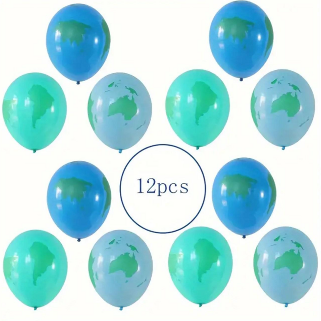 12개 지구의 날 축하 지구 풍선 블루 & 그린 라텍스 풍선 12개 세트 세계지도 디자인 우주 & 여행 테마 파티 교실 장식 및 교육 활동에 완벽함