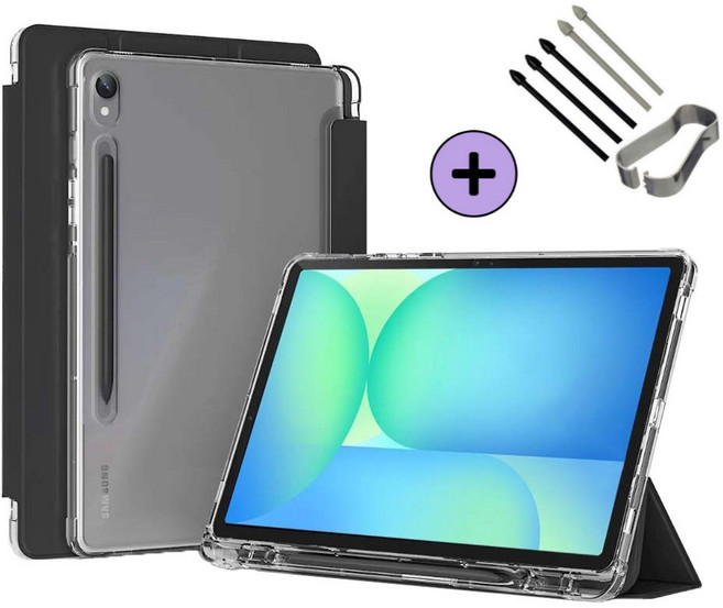 갤럭시탭 S10 FE / S10 FE 플러스 S펜슬 수납 투명 클리어 케이스 북커버 아이친구, 검정