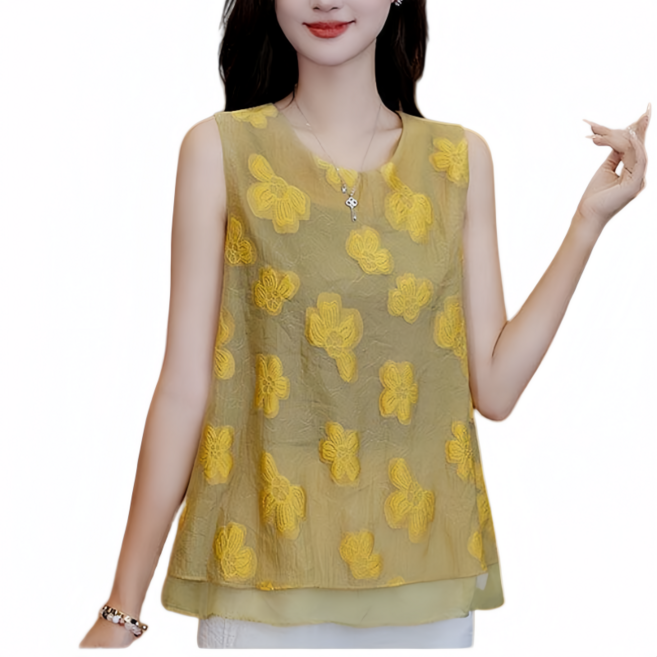 Makone 여성 라운드넥 플라워 프런트 쉬폰 나시 블라우스 캐주얼 심플 트랜드 루즈핏 민소매 톱