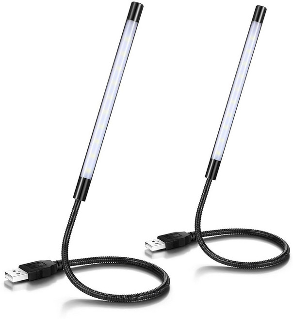 Tujoe 노트북 키보드용 USB LED 조명 2개 구즈넥 조명 컴퓨터 램프 유연한 스틱 조도 조절 가능 터치 스위치 독서 책용검정 103443, 블랙
