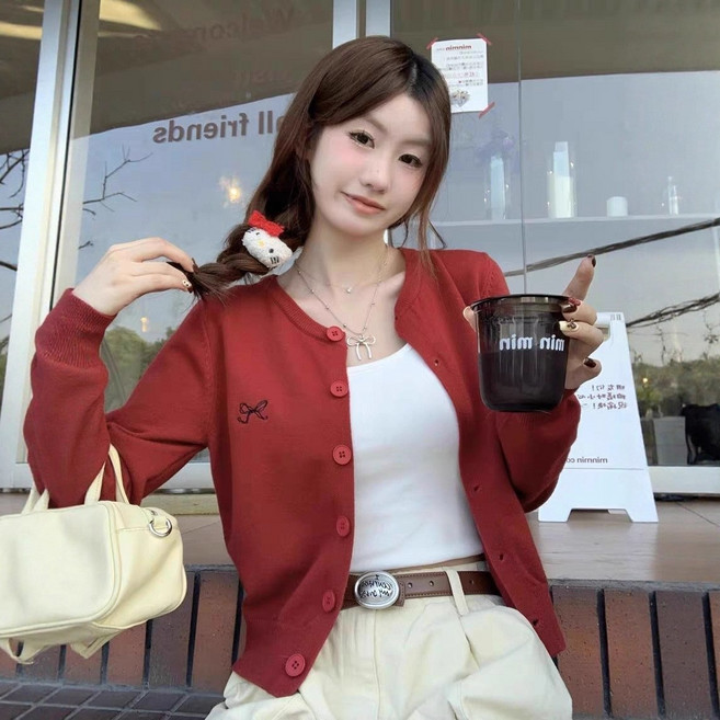 라운드넥 로고 레터링 여성 긴팔 가디건