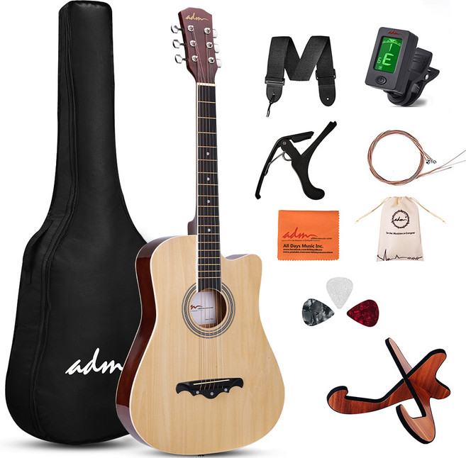 ADM 포크 기타 38인치 글로시 컷어웨이 스타터 세트 입문자용, 자연색, 1개