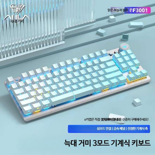 게이밍키보드 독거미 청축 축교환 무선 RGB 사무실 기계식 저소음 적축 앱코 일반형 AULA 유선 블루투스 갈축 블랙, 제조사축, Blue 무선 3가지 모드 레드 축, Blue 무선 3가지 모드 레드 축
