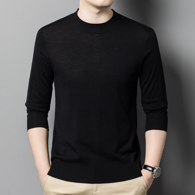 男士新款高檔可機洗純羊毛羊毛衫薄款半高領針織羊毛衫中青年毛衣